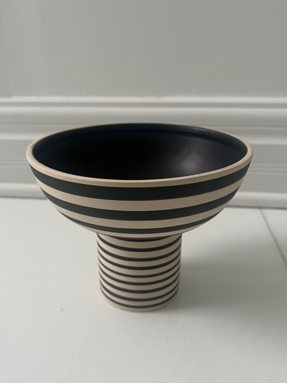 Striped Black and Cream Ceramic Pedestal Bowl by